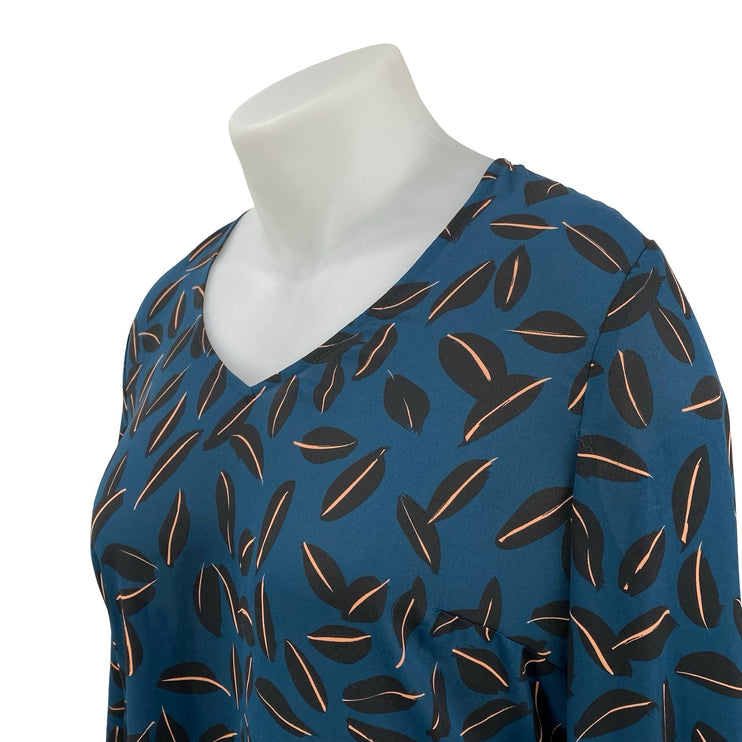 NEW Cabi Kate Shadow Leaf Women's Teal Blue V Neck Long Bell Sleeve Blouse Top L