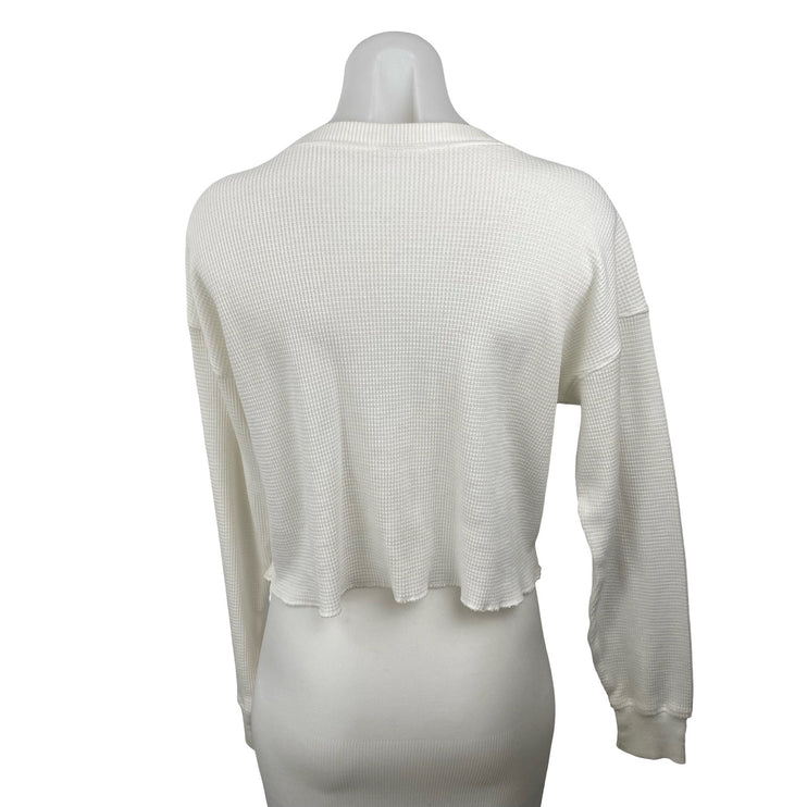 Aritzia TNA Womens White Waffle Knit Long Sleeve Thermal Sweater Crop Top Size S