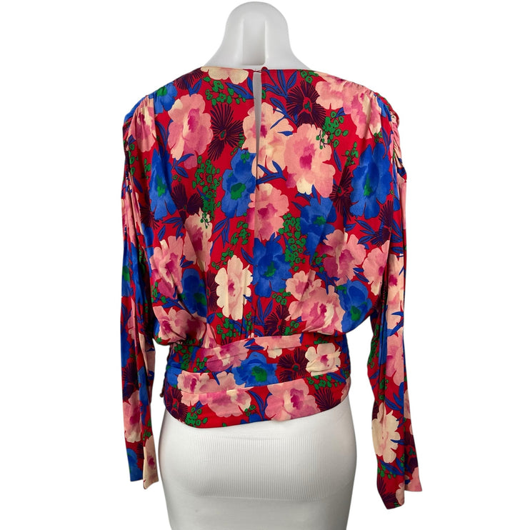 Zara Women Red Multicolor Floral Long Sleeve Pleated Crew Neck Blouse Top Size S