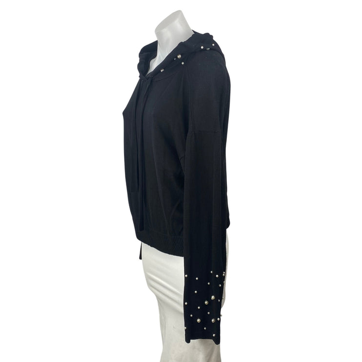 Elan Women's Black Pearl Beaded Long Sleeve Hoodie Hooded Sweatshirt Top SIze M