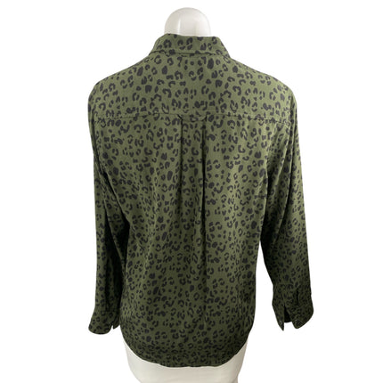 Rails Kate 100% Silk Green Cheetah Collared Long Sleeve Button Down Shirt Top S