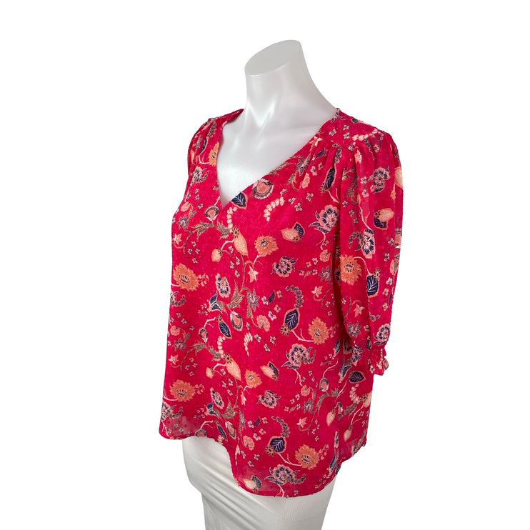 Rachel Zoe Women's Pink Red Floral Short Puff Sleeve V Neck Blouse Top Size M