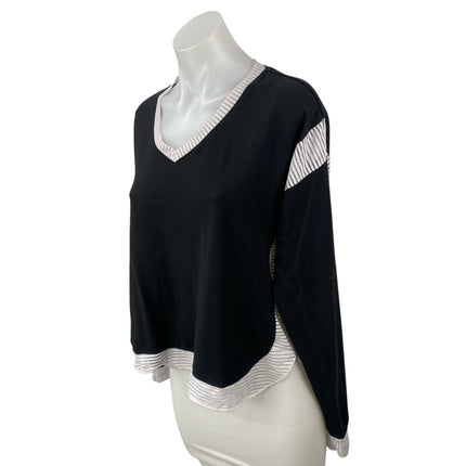 K-DEER Women's Black Color Block V Neck Long Sleeve Sweatshirt Sweater Top Sz M