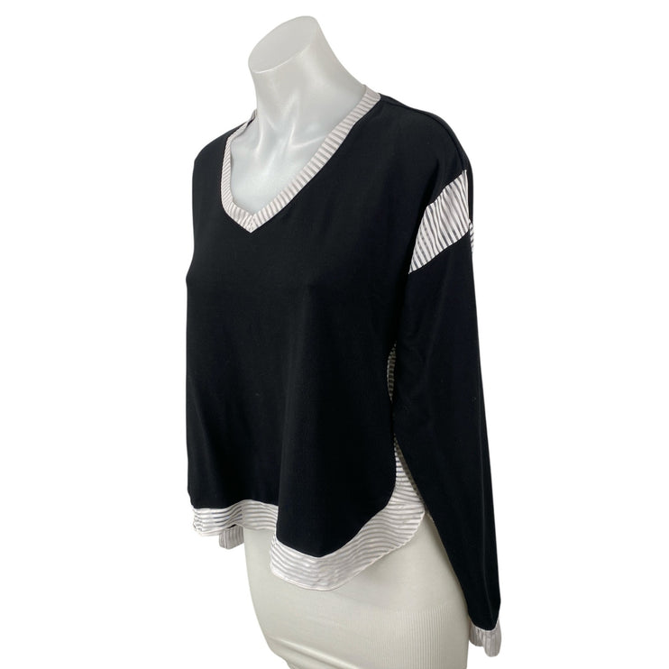 K-DEER Women's Black Color Block V Neck Long Sleeve Sweatshirt Sweater Top Sz M