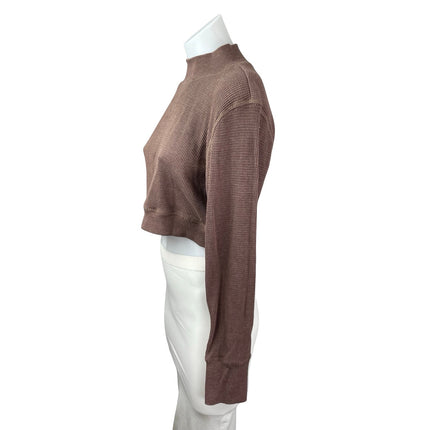 Mono B Brown Long Sleeve Mock Neck Waffle Knit Thermal Cropped Sweatshirt Top L