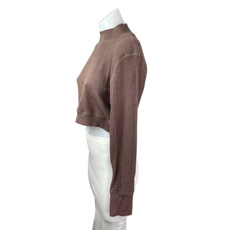Mono B Brown Long Sleeve Mock Neck Waffle Knit Thermal Cropped Sweatshirt Top L