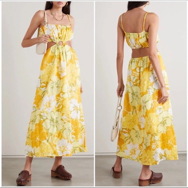 Faithfull The Brand El Rio 100% Linen Yellow Floral Cutout A Line Maxi Dress 6