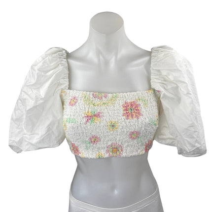NEW Zara Women's White Floral Smocked Short Puff Sleeve Crop Blouse Top Size S