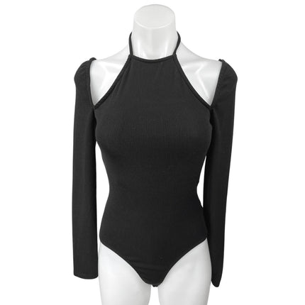 ASTR The Label Black Ribbed Halter Tie Cutout Long Sleeve Thong Bodysuit Top S