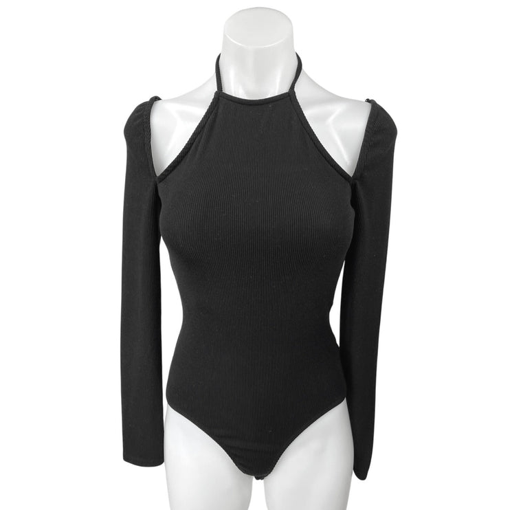 ASTR The Label Black Ribbed Halter Tie Cutout Long Sleeve Thong Bodysuit Top S