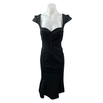 Anthropologie The Cecily Black Linen Sweetheart Cap Sleeve Midi Flare Dress Sz S