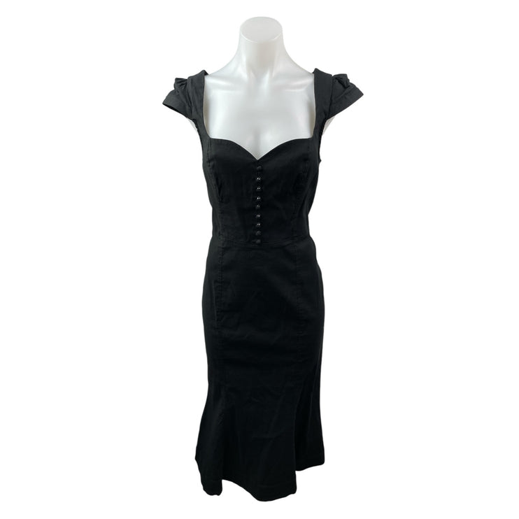 Anthropologie The Cecily Black Linen Sweetheart Cap Sleeve Midi Flare Dress Sz S