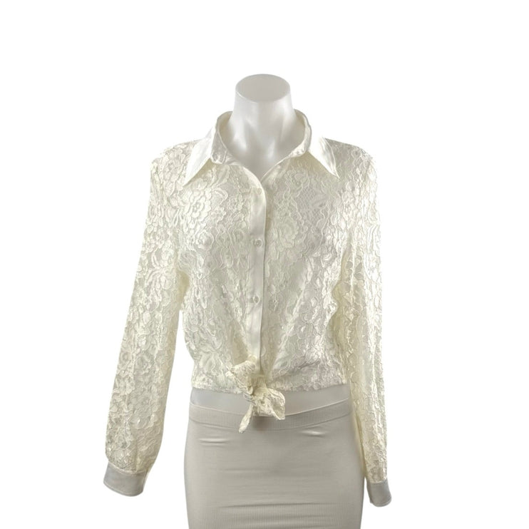 NEW Bebe White Floral Lace Collared Long Sleeve Button Down Shirt Blouse Top S