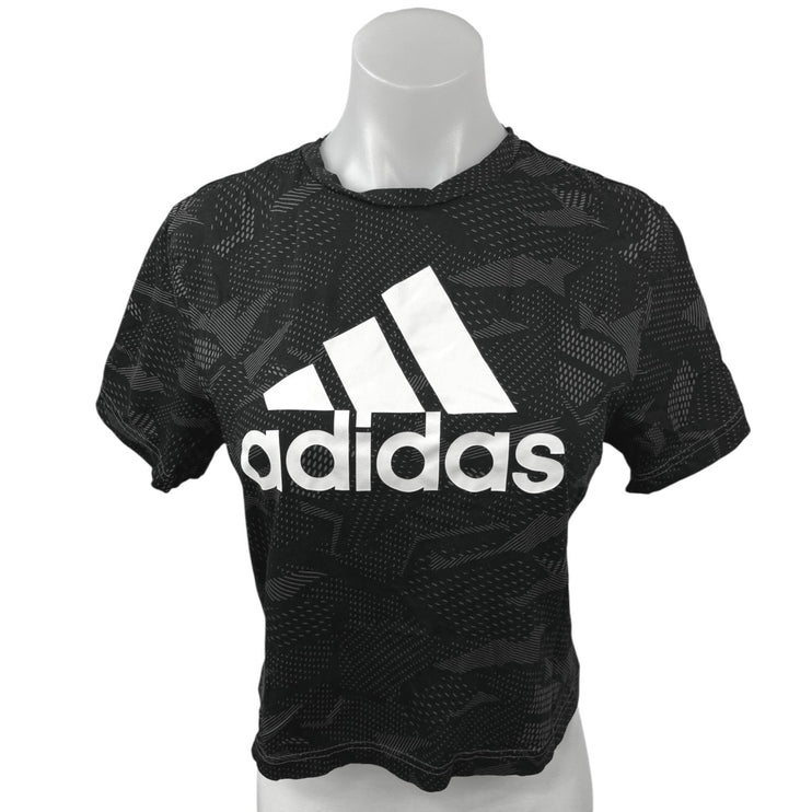 Adidas Essentials Womens Black White All Over Print Athletic T Shirt Tee Top S