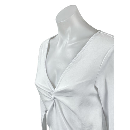 NEW MNG Mango Women's White Twist Front Deep V Neck Long Sleeve Blouse Top Sz XL