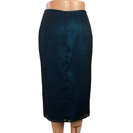 Mixit Blue 100% Silk Embroidered Floral High Waist Midi Pencil Skirt Size S