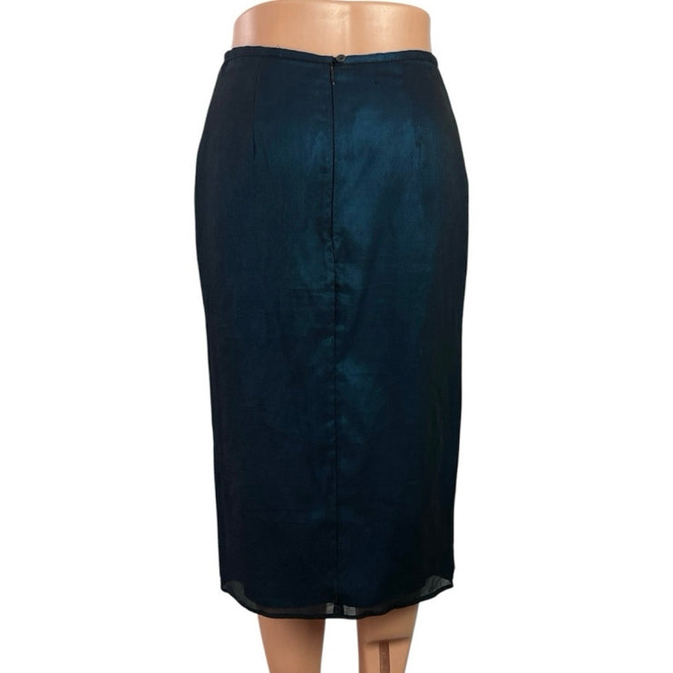 Mixit Blue 100% Silk Embroidered Floral High Waist Midi Pencil Skirt Size S