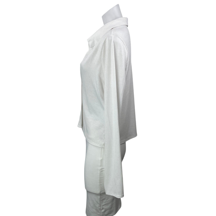 AFRM Women's White Ribbed Knit Collared Long Sleeve Button Shirt Top Size XL