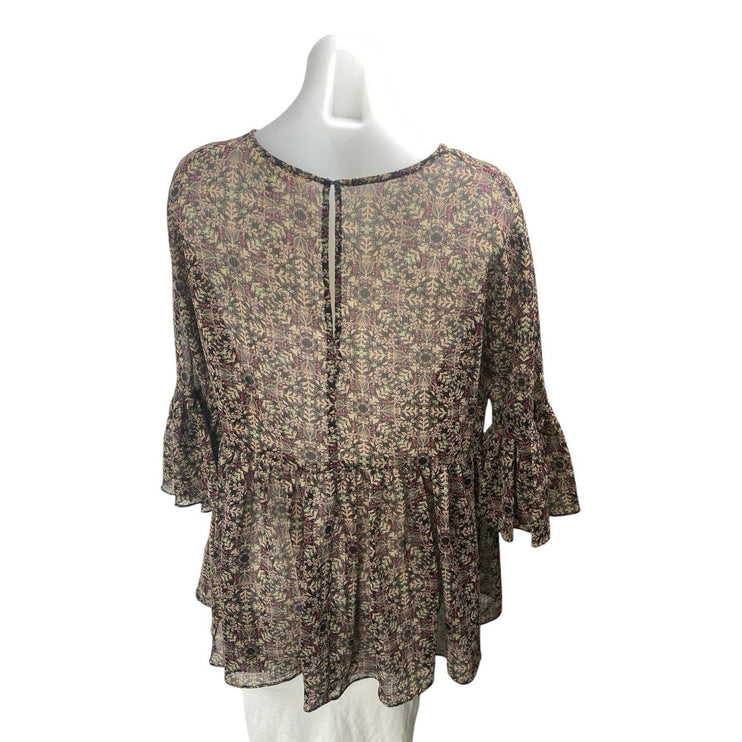 BCBGeneration Women's Brown Floral Flared Bell Sleeve Peplum Sheer Blouse Top S
