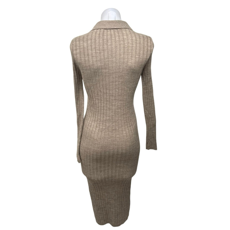 Vila Beige Long Sleeve Rib Knit Collared Button Up Bodycon Sweater Midi Dress XS