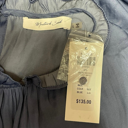 NEW Mustard Seed Navy Blue Smocked Long Sleeve Ruffle Mock Neck Mini Dress Sz L