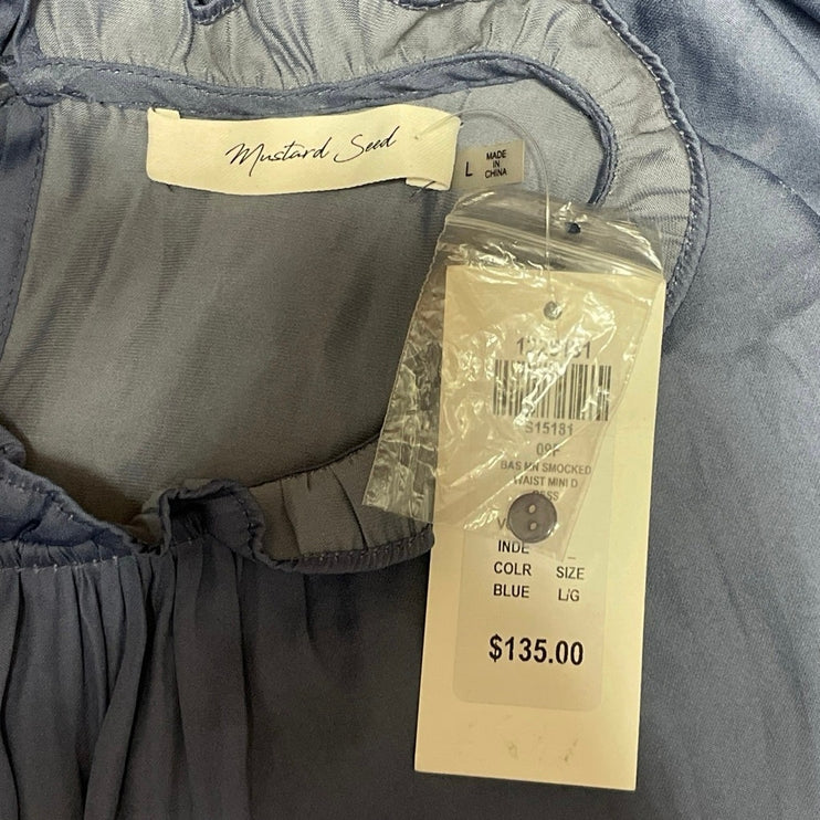 NEW Mustard Seed Navy Blue Smocked Long Sleeve Ruffle Mock Neck Mini Dress Sz L