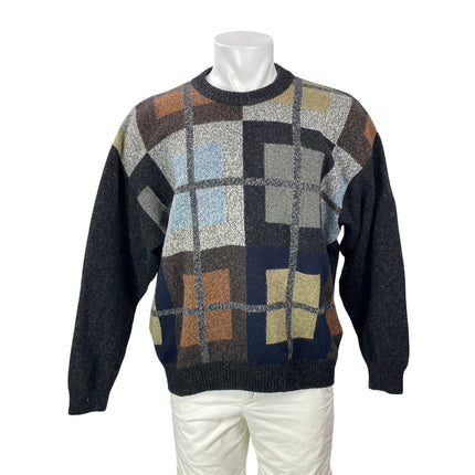 Vintage 90s Burlington Men's Black Geometric Crew Neck Knit Sweater Top Size L