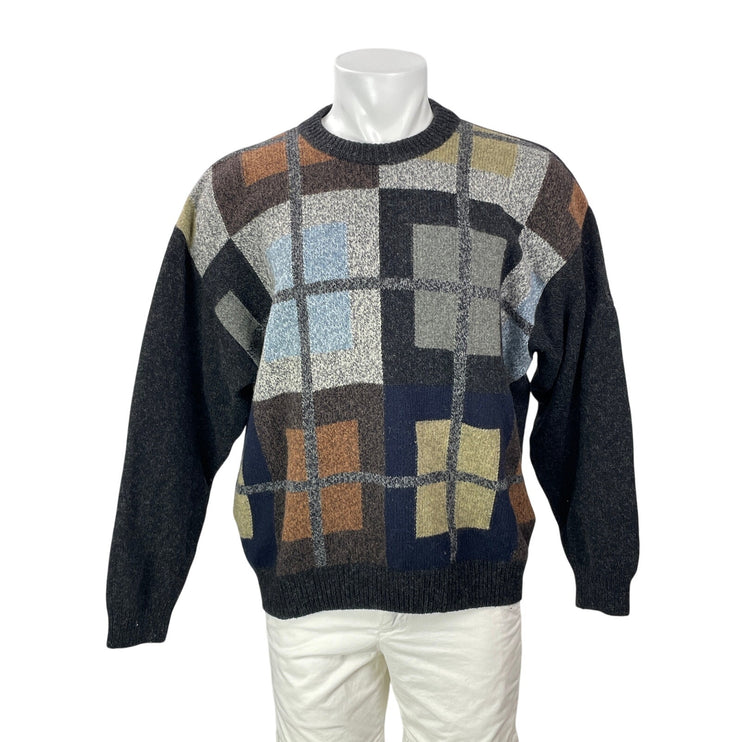 Vintage 90s Burlington Men's Black Geometric Crew Neck Knit Sweater Top Size L