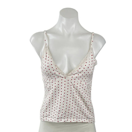 Brandy Melville Women's White Red Hearts Love Lace Trim Cami Camisole Tank Top L