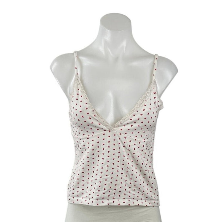 Brandy Melville Women's White Red Hearts Love Lace Trim Cami Camisole Tank Top L