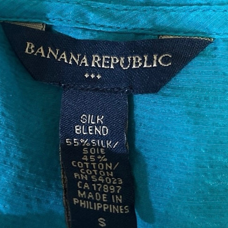 Banana Republic Blue Silk Blend Ruffle Puff Sleeve Button Down Blouse Top Size S