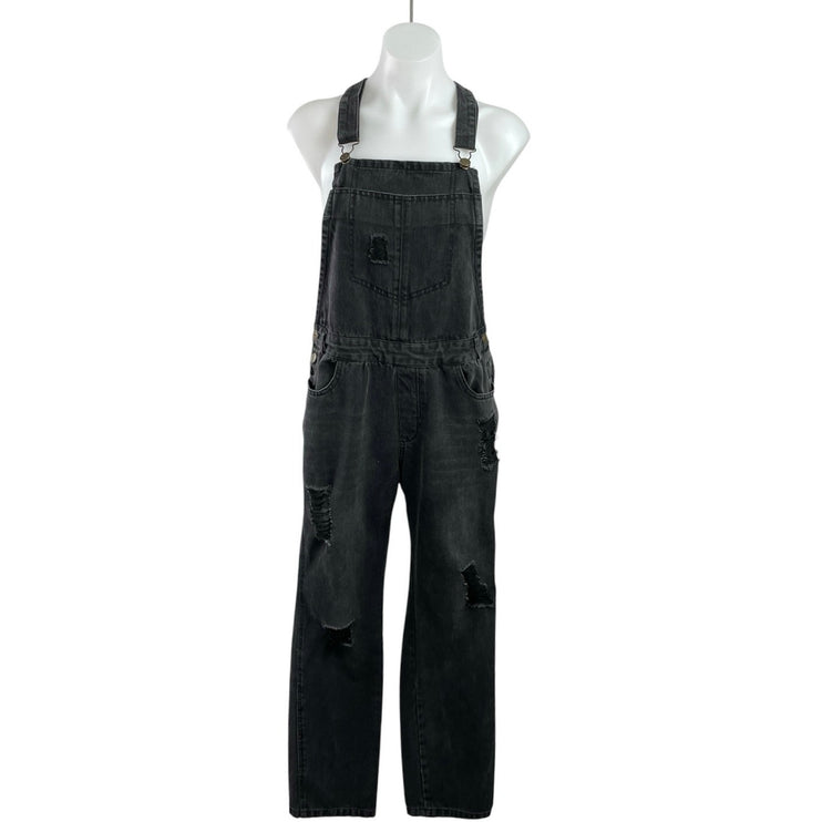 Love Tree Women's Black Washed Distressed Bib Straight Denim Jean Overalls Sz M