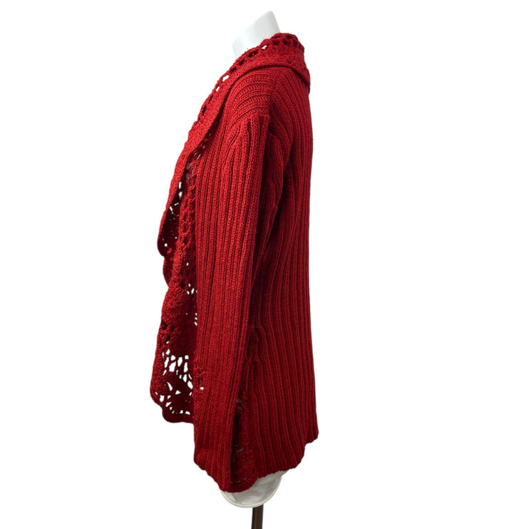 Women's Red Crochet Long Sleeve Waterfall Bolero Cardigan Sweater Top Size M/L