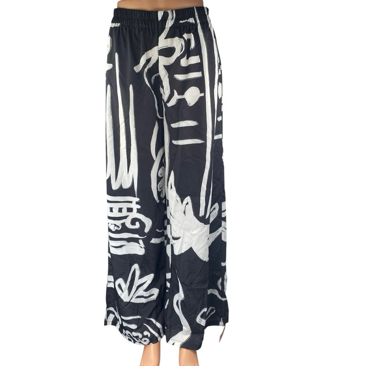 NEW PrettyLittleThing Black White Floral Monochrome Wide Leg Beach Pants Size S