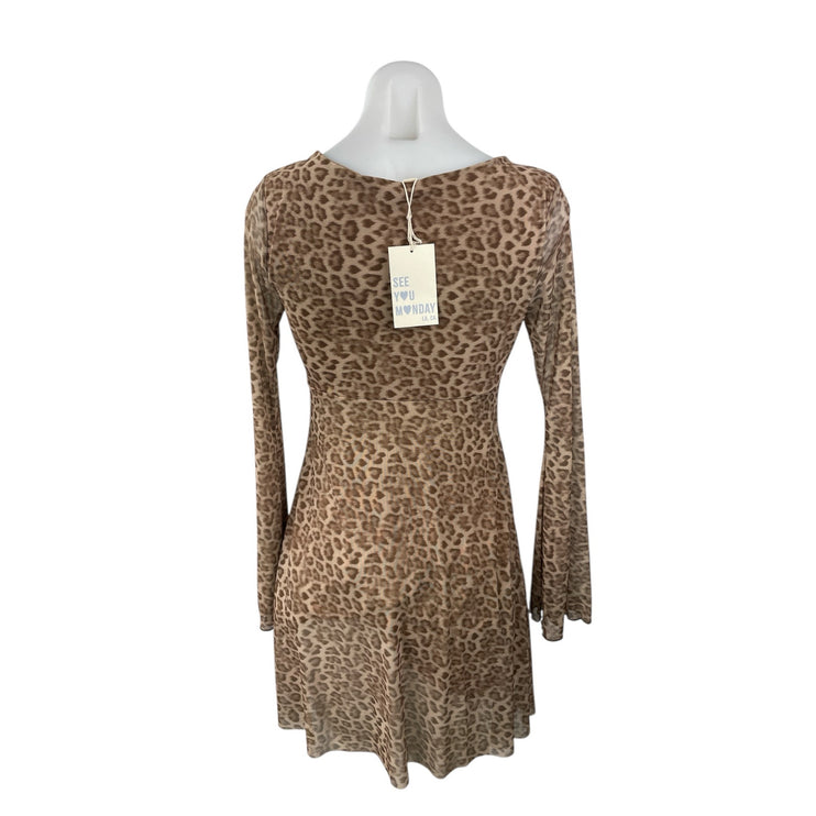 NEW See You Monday Tan Leopard Long Sleeve Tie V Neck A Line Mini Dress Size M