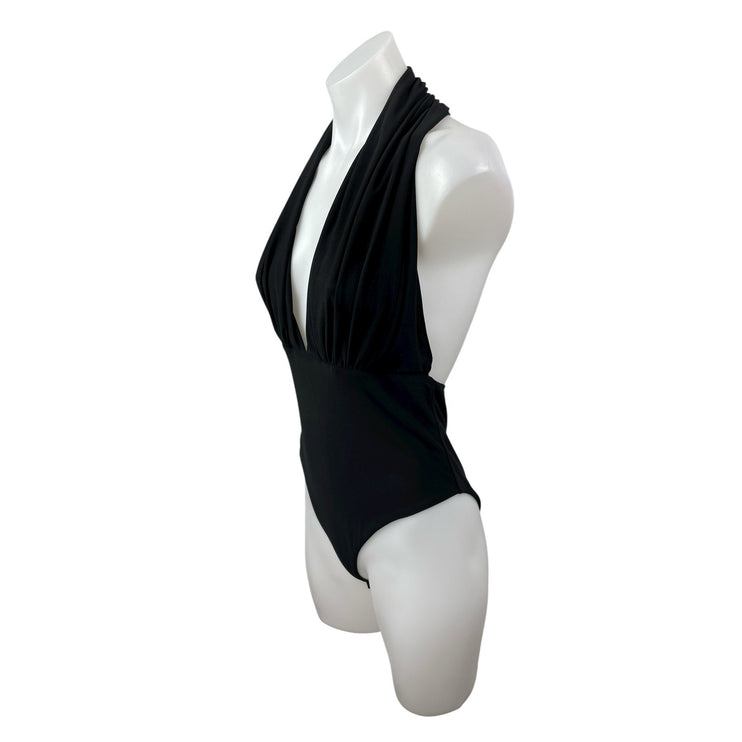 Love Women's Black Ruched Deep V Neck Open Back Sleeveless Tank Bodysuit Top M