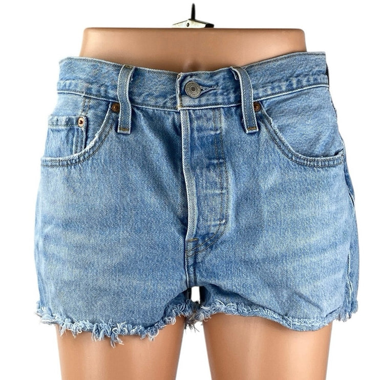 Levi's 501 Women's Blue High Waisted Frayed Raw Hem Denim Jeans Shorts Size 27