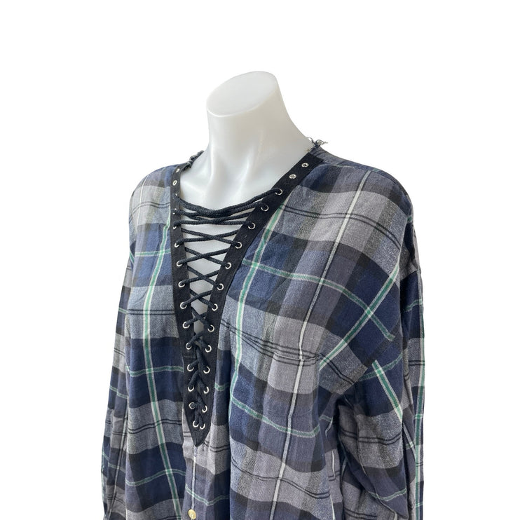 Furst of a Kind Plaid Check Flannel Long Sleeve V Neck Lace Up Shirt Top Sz L/XL
