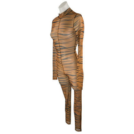 Women's Tan Black Tiger Animal Print Long Sleeve Sheer Mesh Jumpsuit Size M