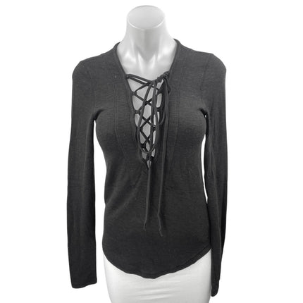 Free People Women's Black Lace Up Criss Cross Long Sleeve T Shirt Tee Top Size S
