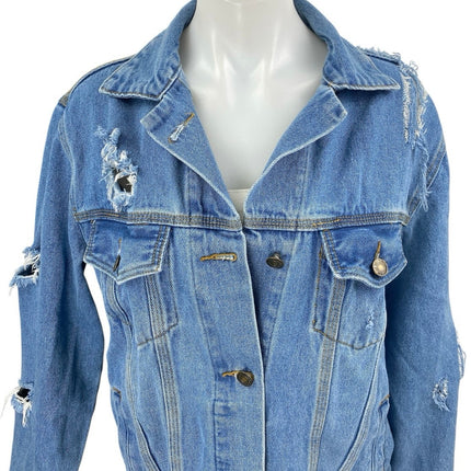 Forever 21 Women Blue Long Sleeve Distressed Button Up Denim Jean Jacket Size S
