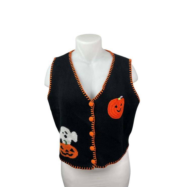 Cider Womens Black Coral Stitch Pumpkin Knit Button Up Cardigan Sweater Vest 3XL