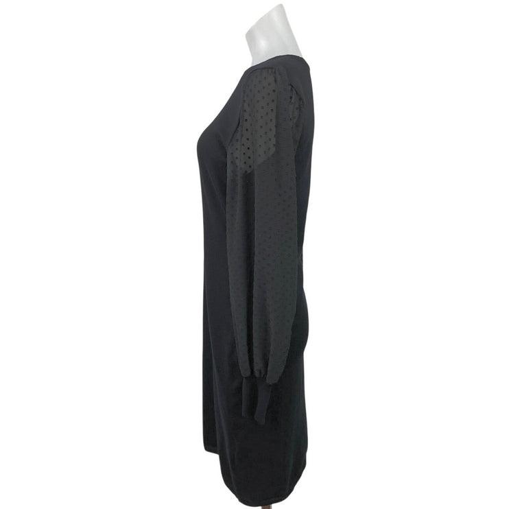 DKNY Black Polka Dot Mesh Crew Neck Long Balloon Sleeve Mini Sheath Dress Size M