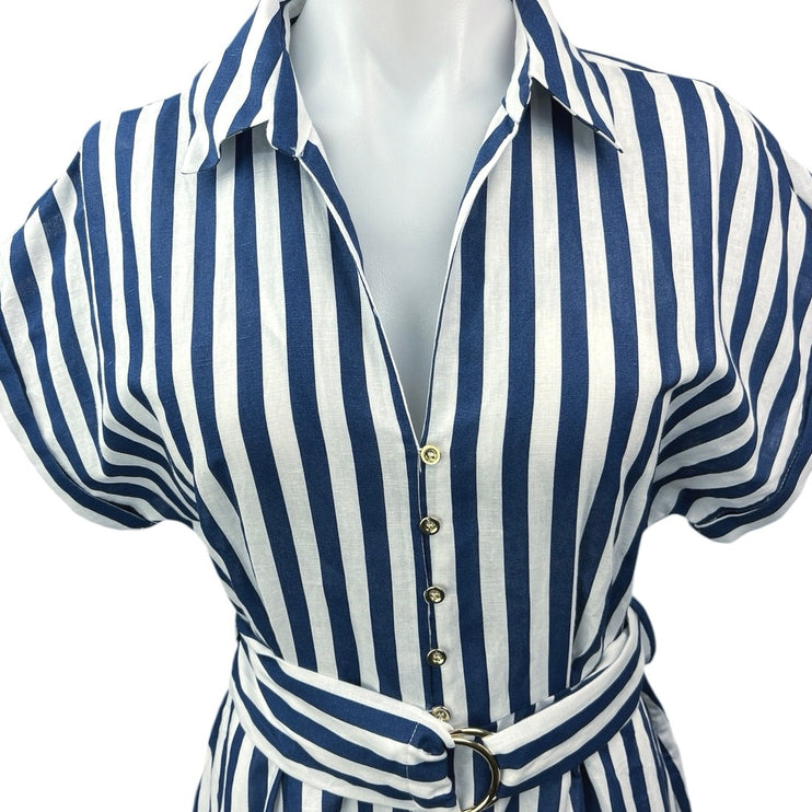 New Zara Blue White Linen Striped Button Down Belted Midi maxi Shirt Dress Sz M