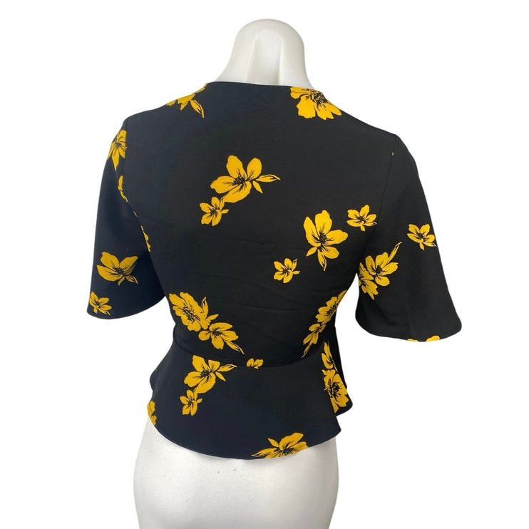 Miss Selfridge Black Yellow Floral Short Sleeve Wrap Peplum Blouse Top Size 2