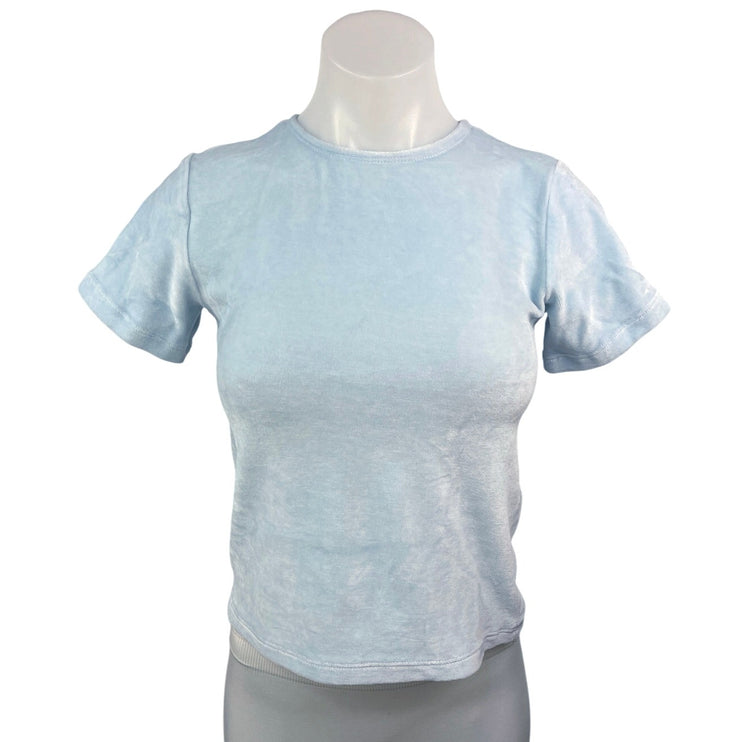 Cale Nina Light Blue Velour Velvet Crew Neck Short Sleeve Crop Tee T-shirt Top M