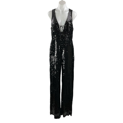 If By Sea Women's Black Sleeveless Sequin Tie Plunging V-Neck Romper Jumpsuit L