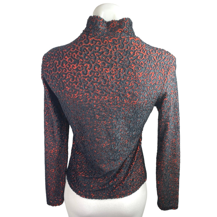 Women's Black Orange Textured Jaquard Turtleneck long Sleeve Sweater Top Size S