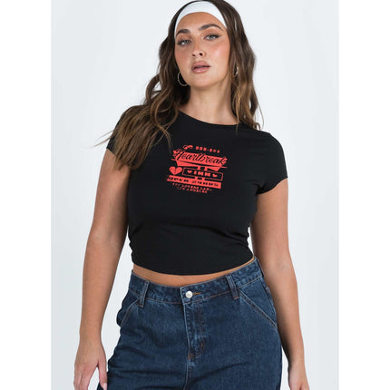 Princess Polly Heartbreak Baby Tee Women's Black Red Short Sleeve Crop T Shirt 2