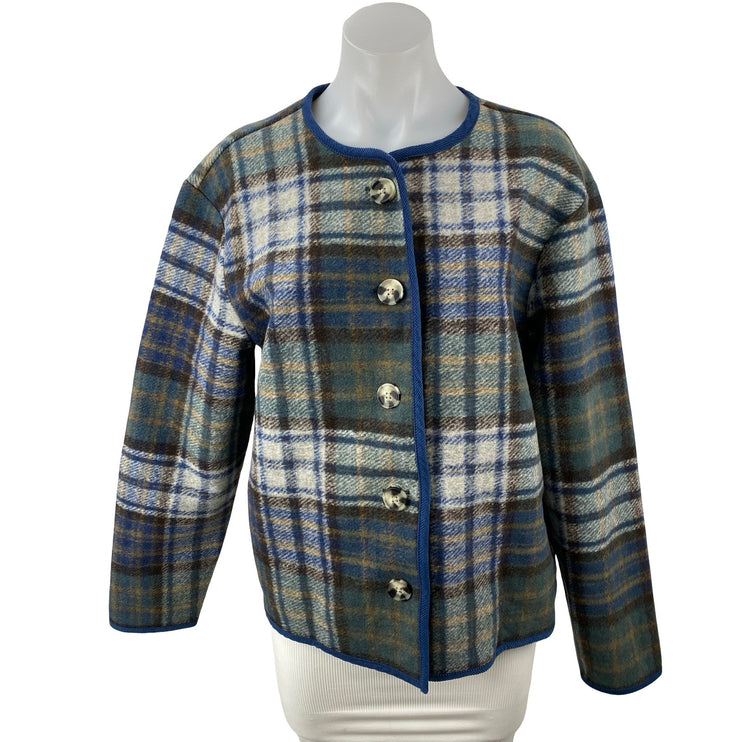 Lucky Brand Women's Green Plaid Fleece Long Sleeve Button Up Cardigan Sweater S